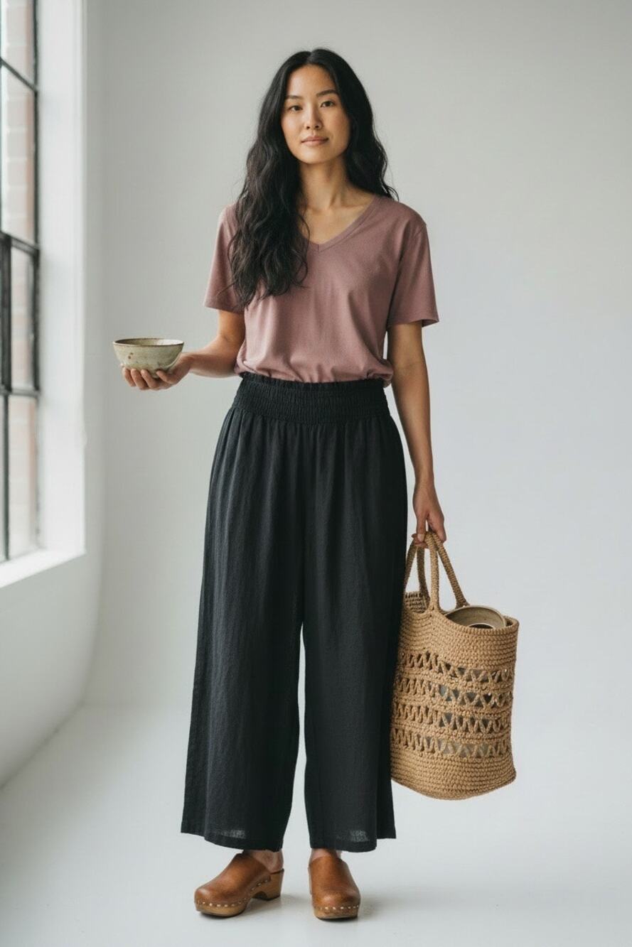 H&M Black Crinkle Wide Leg Pants L Cropped Pull On Lagenlook Minimalist Viscose